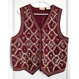 Vtg Embroidered Floral Vest Large Wine Gold Trim Romantic Victorian Renaissance